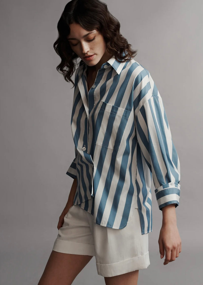 TWP New Earl Shirt in Wide Stark Stripe White/Vintage Denim