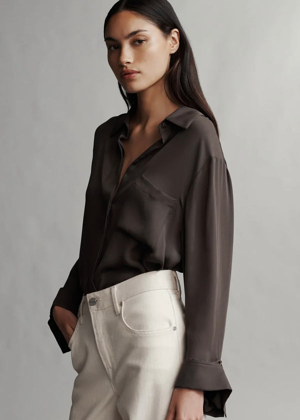 TWP New Morning After Shirt in Washed Silk Georgette Chocolate Torte