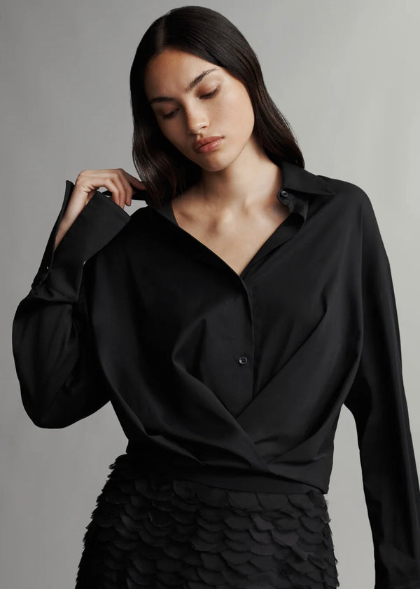 TWP Pleated Little Joe Top in Stretched Satin Cotton Black