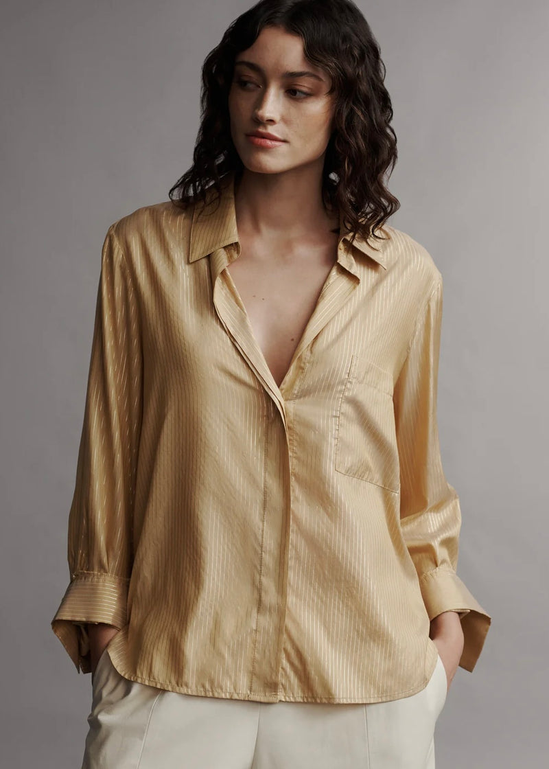 TWP New Morning After Shirt in Silk Metallic Stripe Goldenrod/Gold