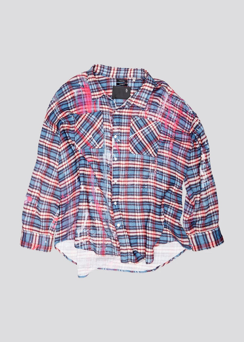 R13 Drop Neck Workshirt Blue Plaid with Paint Drips