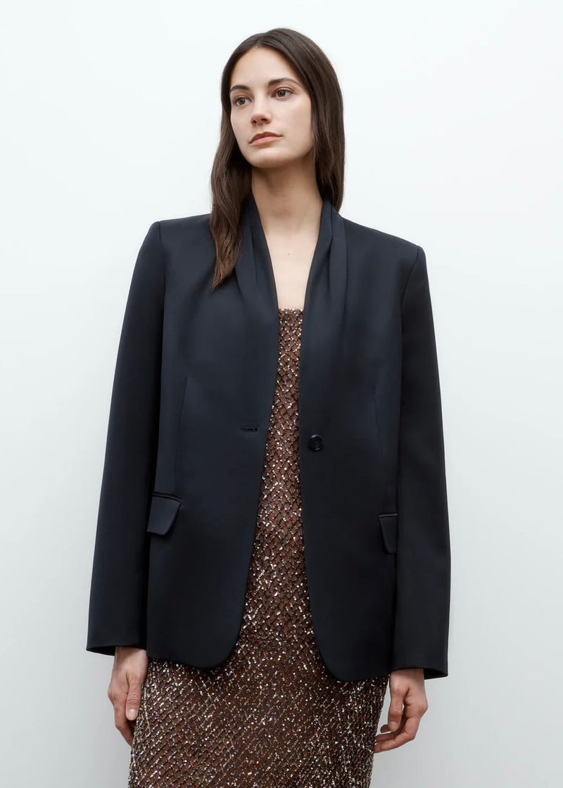 TWP New Dinner Jacket in Satin Wool Suiting Midnight