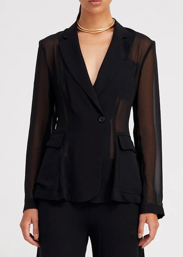 SPRWMN Black Silk Chiffon Fitted Blazer