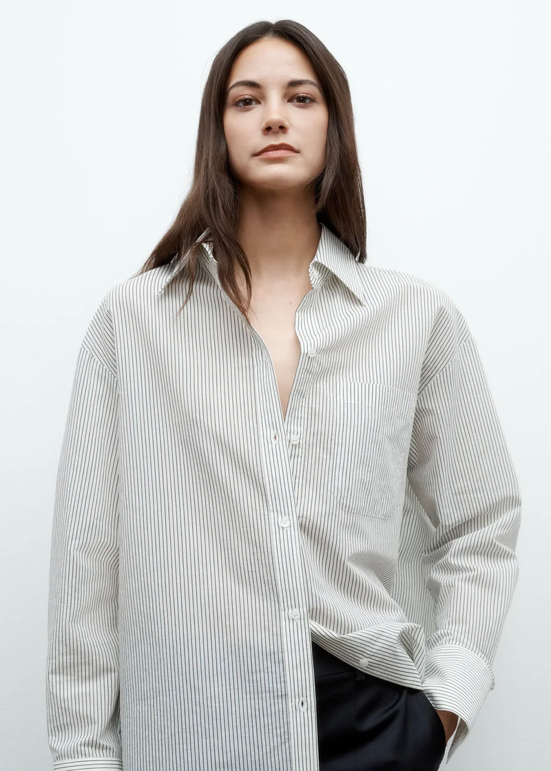 TWP Big Joe Shirt in Yard Dye Pinstripe Cotton Ivory/Forest