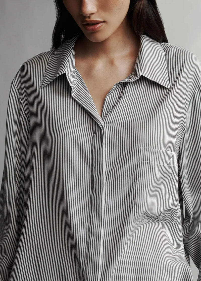 TWP Boyfriend Shirt in Silk Striped Voile White/Grey