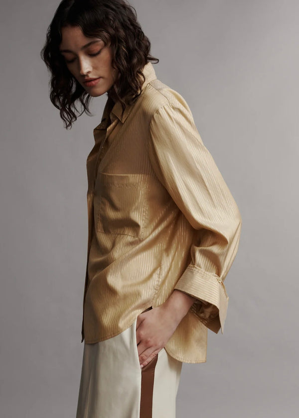 TWP New Morning After Shirt in Silk Metallic Stripe Goldenrod/Gold