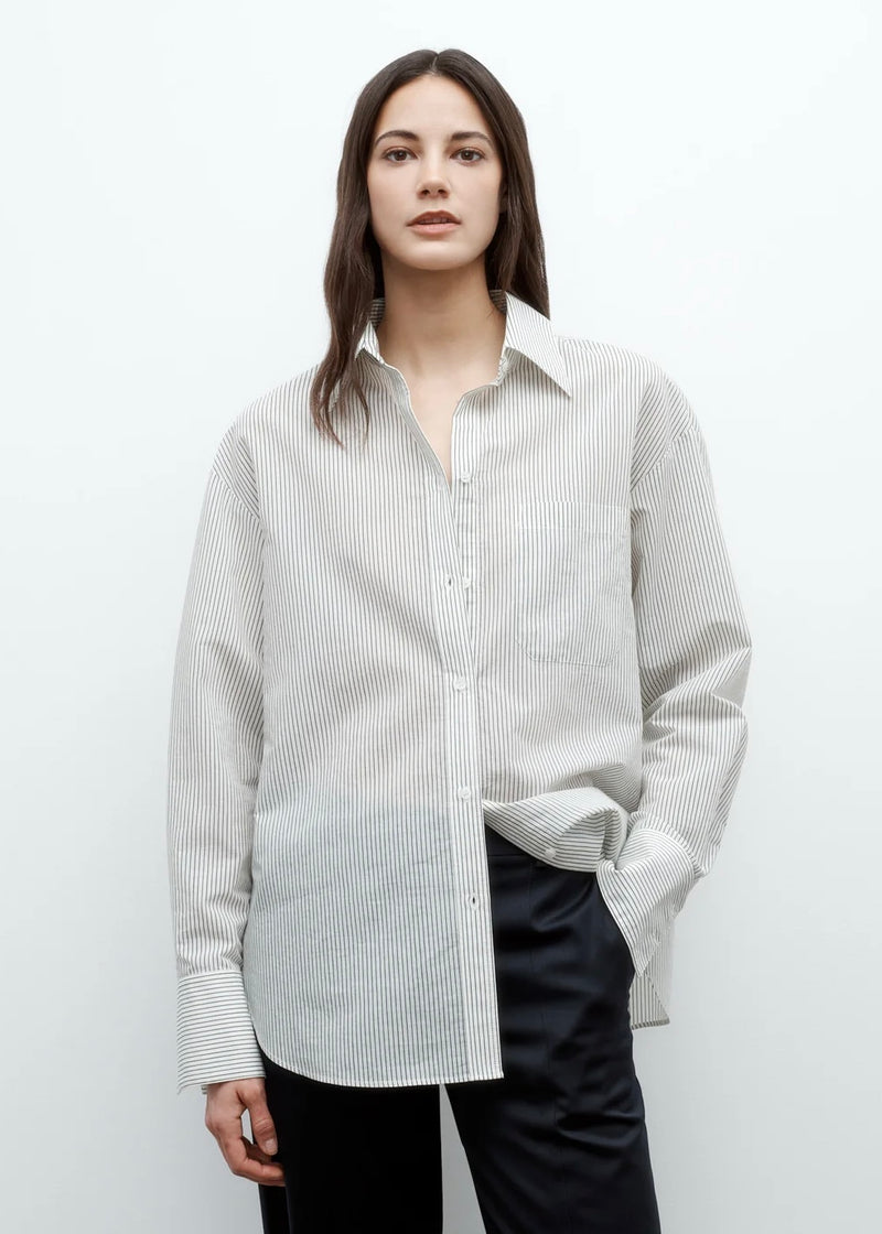 TWP Big Joe Shirt in Yard Dye Pinstripe Cotton Ivory/Forest