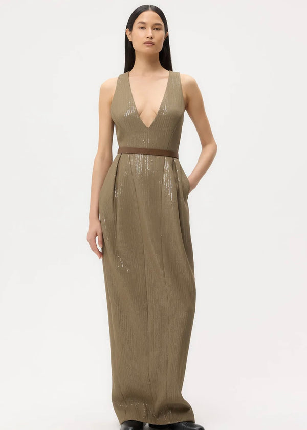 TWP Used To Love Me A Lot Dress in Chiffon Encased Paillettes Olive