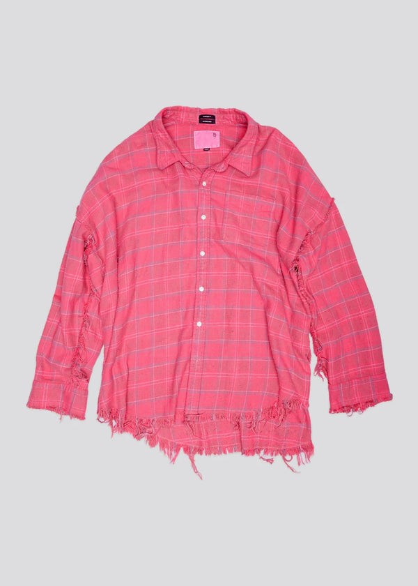 R13 Shredded Seam Drop Neck Shirt Raspberry Overdyed Plaid