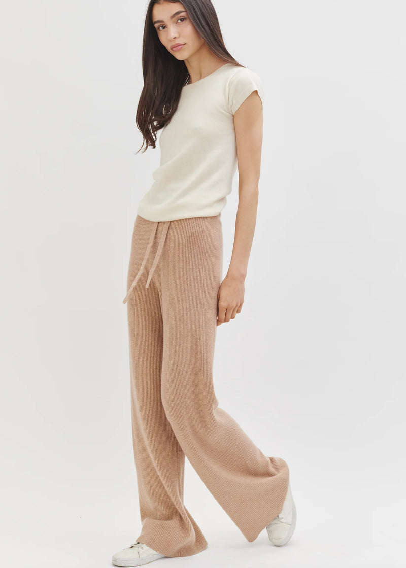 Kathryn McCarron Maya Ribbed Cashmere Wide Leg Pant Almond