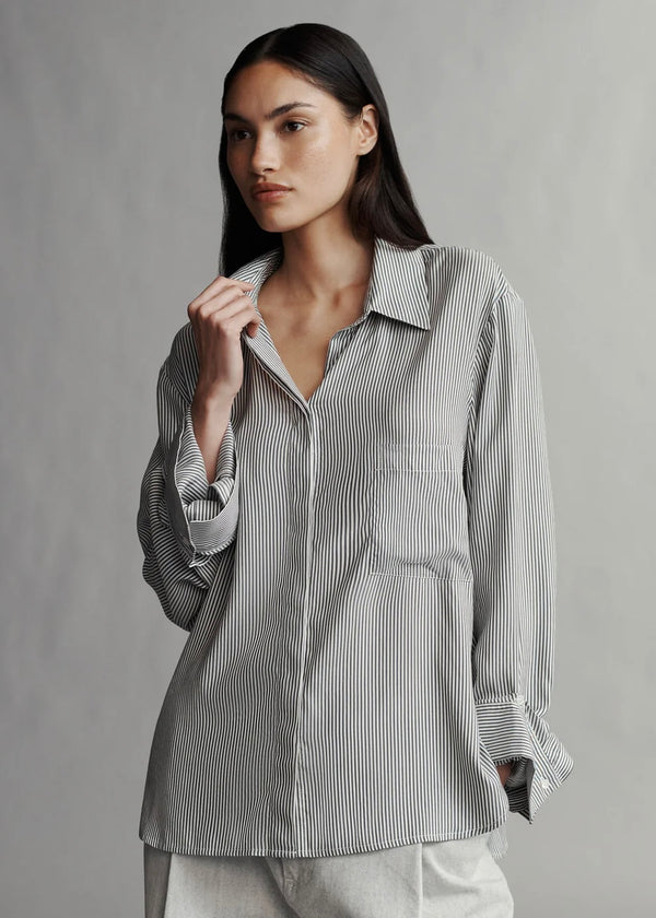 TWP Boyfriend Shirt in Silk Striped Voile White/Grey