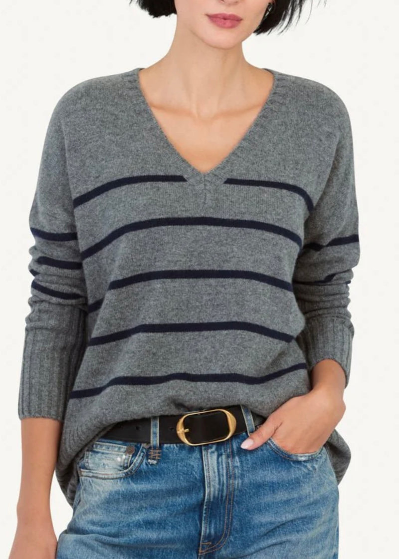 Not Monday Ella V Neck Grey Stripe