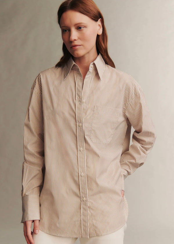 TWP Big Joe Shirt in Awning Lady Stripe Khaki/White