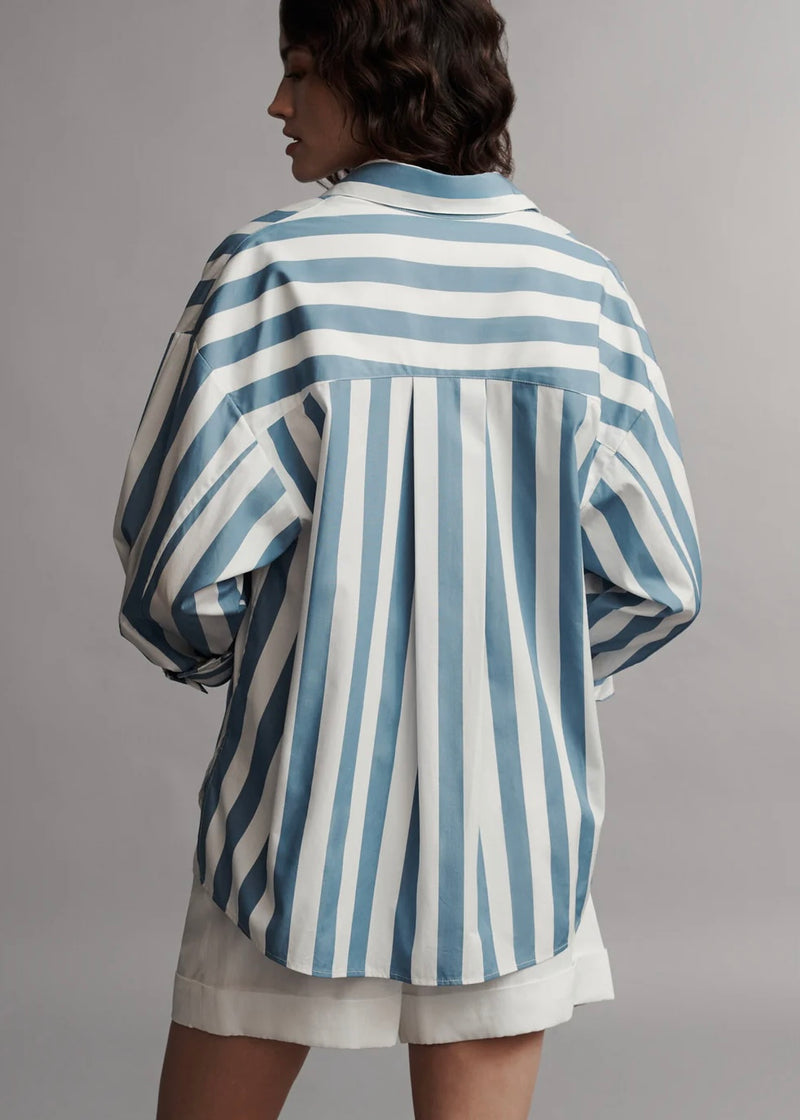 TWP New Earl Shirt in Wide Stark Stripe White/Vintage Denim