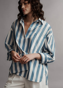 TWP New Earl Shirt in Wide Stark Stripe White/Vintage Denim