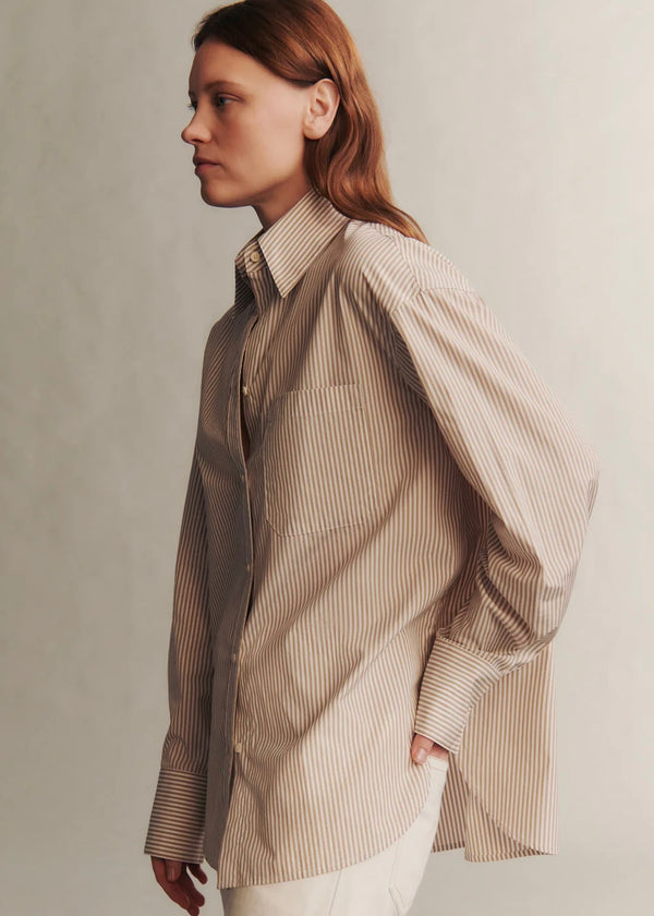 TWP Big Joe Shirt in Awning Lady Stripe Khaki/White