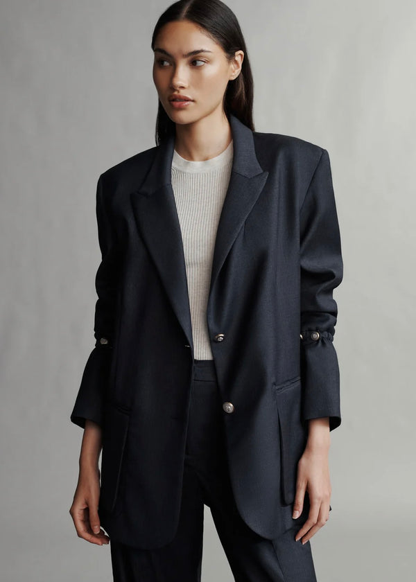 TWP Mo Blazer in Chintzed Pinstripe Navy/Charcoal