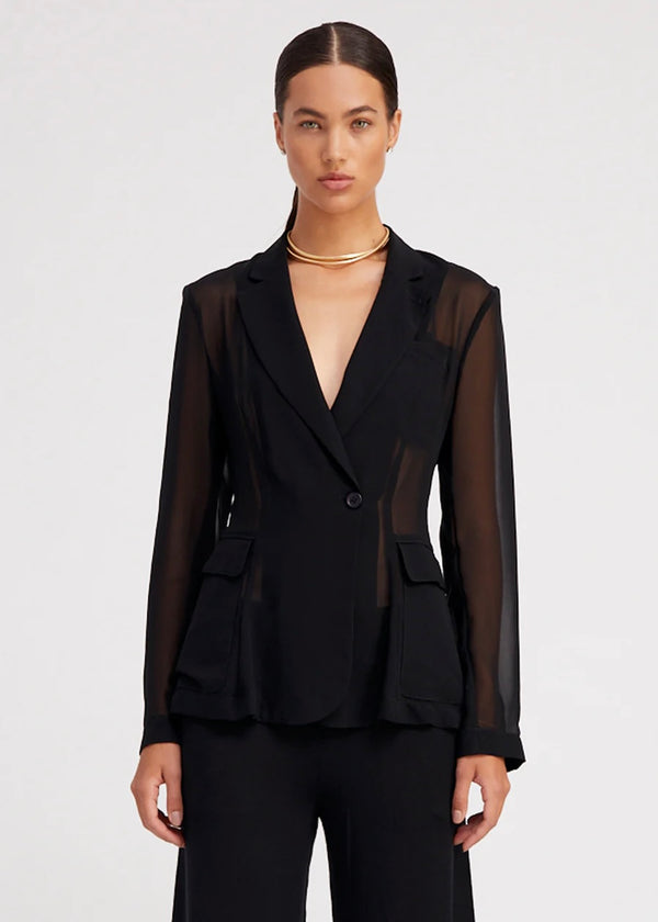 SPRWMN Black Silk Chiffon Fitted Blazer