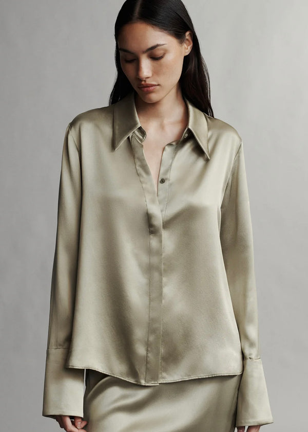 TWP Object of Affection Top With Sleeve Detail in Silk Charmeuse Sage