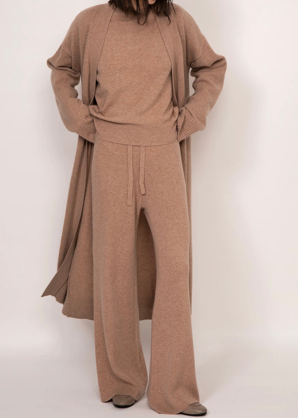 Kathryn McCarron Maya Ribbed Cashmere Wide Leg Pant Almond